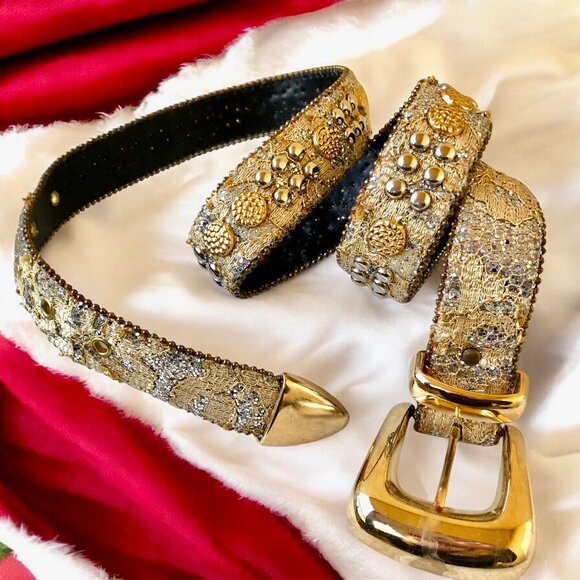 The Icing Viintage Belt Gold Crystal Belt Silver Studs Clear Rhinestones M - L - Picture 1 of 15